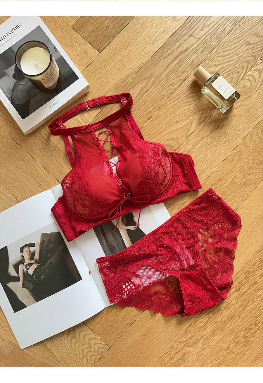 Sujetador Halter de encaje francés de lujo, Bralette transparente de realce de pecho pequeño, conjunto de lencería negra seductora, comodidad sin aros MOYISU AB