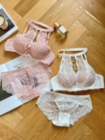 Sujetador Halter de encaje francés de lujo, Bralette transparente de realce de pecho pequeño, conjunto de lencería negra seductora, comodidad sin aros MOYISU AB - Imagen 5