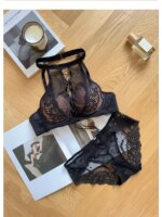 Sujetador Halter de encaje francés de lujo, Bralette transparente de realce de pecho pequeño, conjunto de lencería negra seductora, comodidad sin aros MOYISU AB - Imagen 3