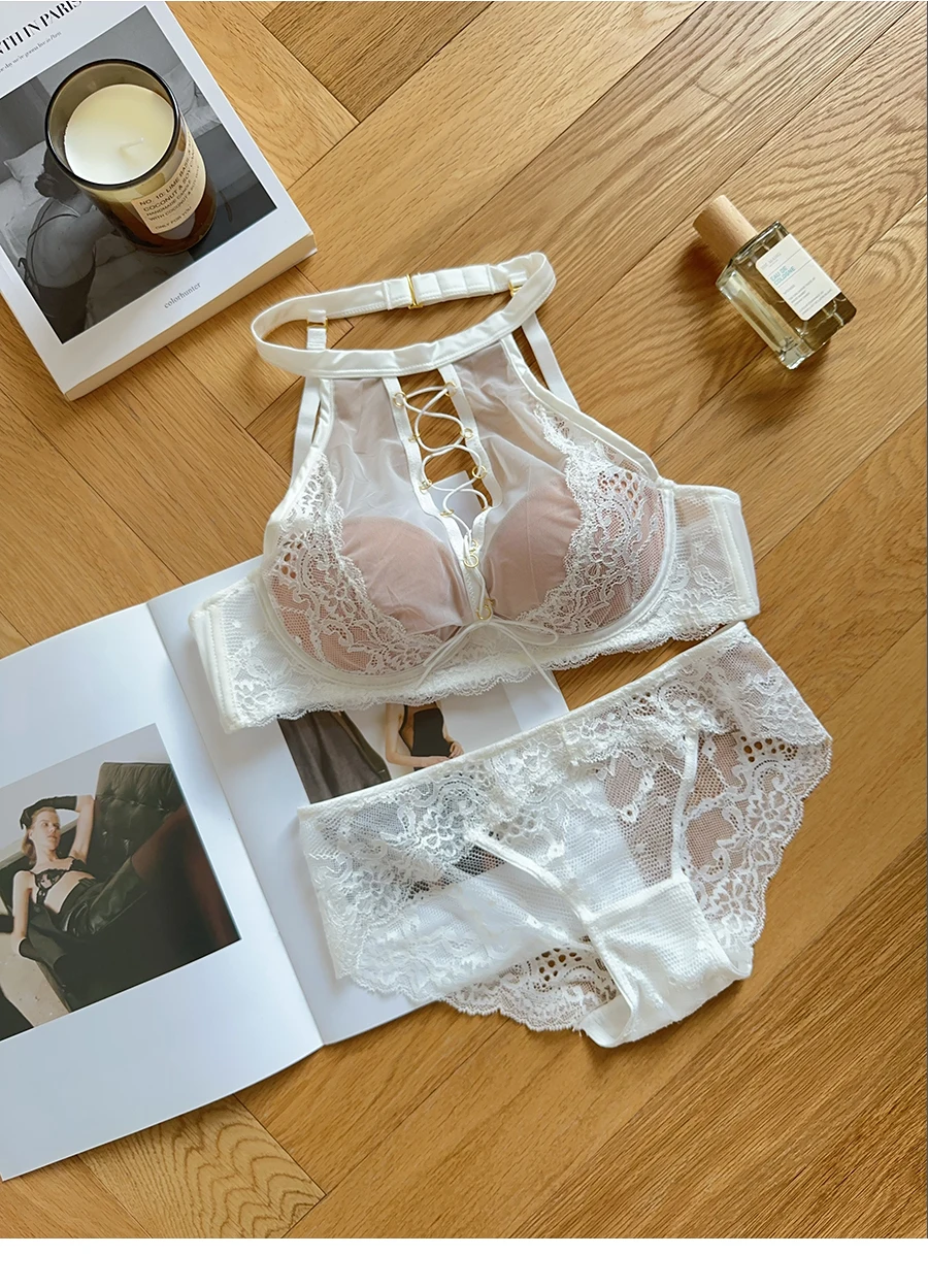 Sujetador Halter de encaje francés de lujo, Bralette transparente de realce de pecho pequeño, conjunto de lencería negra seductora, comodidad sin aros MOYISU AB