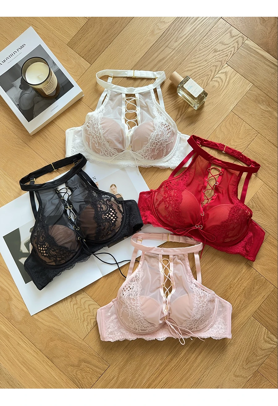 Sujetador Halter de encaje francés de lujo, Bralette transparente de realce de pecho pequeño, conjunto de lencería negra seductora, comodidad sin aros MOYISU AB