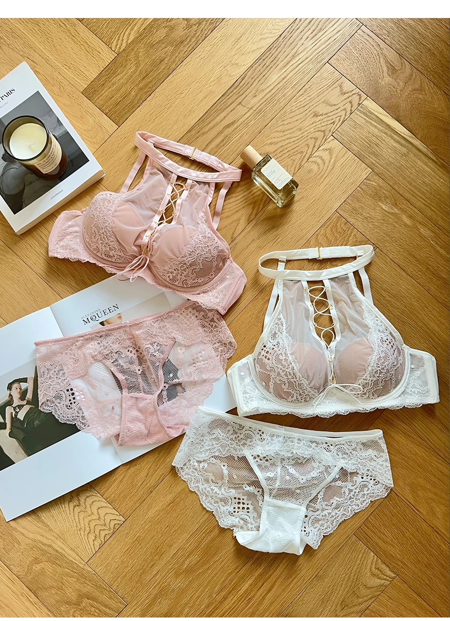 Sujetador Halter de encaje francés de lujo, Bralette transparente de realce de pecho pequeño, conjunto de lencería negra seductora, comodidad sin aros MOYISU AB