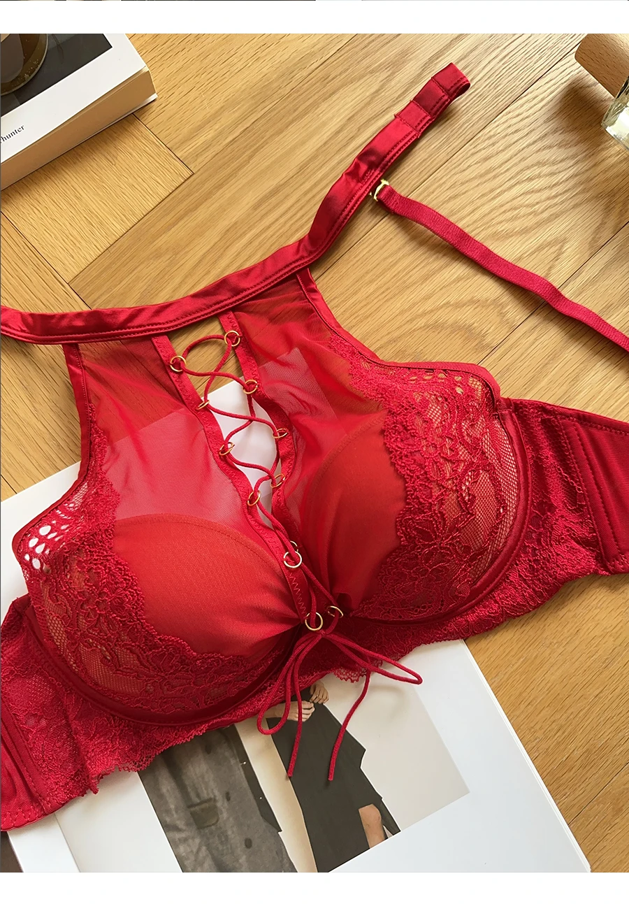 Sujetador Halter de encaje francés de lujo, Bralette transparente de realce de pecho pequeño, conjunto de lencería negra seductora, comodidad sin aros MOYISU AB