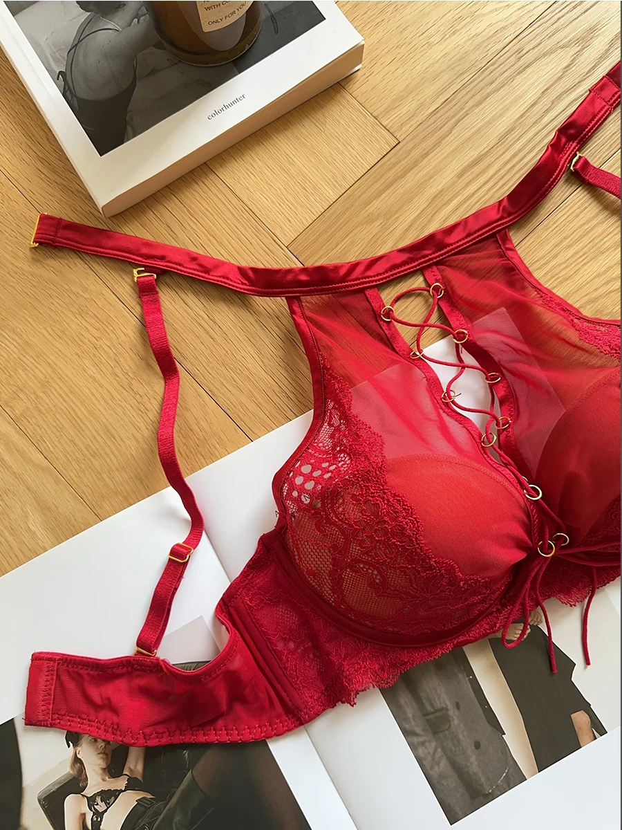 Sujetador Halter de encaje francés de lujo, Bralette transparente de realce de pecho pequeño, conjunto de lencería negra seductora, comodidad sin aros MOYISU AB