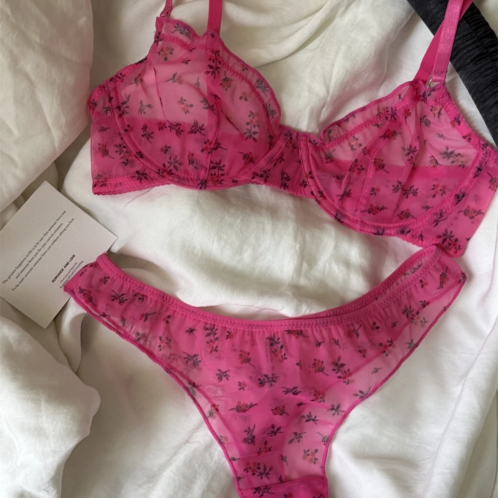 99498-77dqdk.jpg Conjunto de lencería ultrafina francesa, sujetador Sexy de encaje con estampado Floral, ropa interior de moda para mujer, conjuntos de sujetadores e Tanga íntimos transpirables de malla - Imagen 1