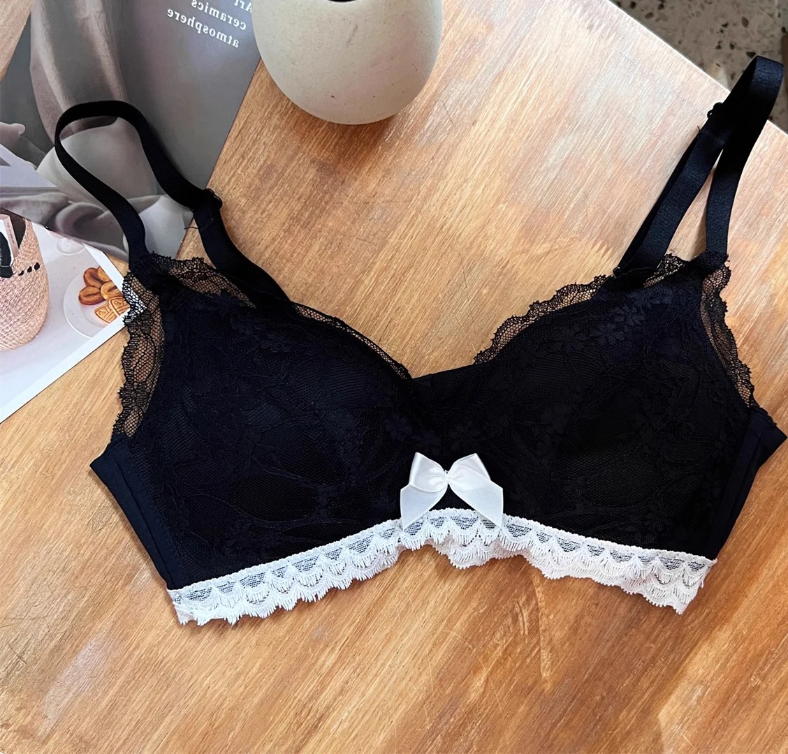 Sujetador de encaje francés, Bralette de realce inalámbrico para busto pequeño, correas ajustables, soporte antiflacidez, lencería Sexy con cordones, conjunto de bragas